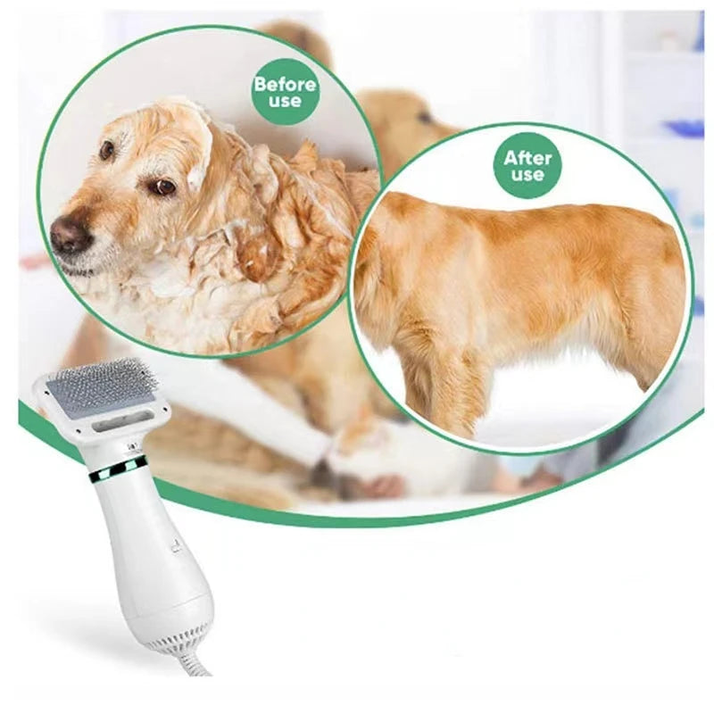 2-in-1 Quiet Pet Dryer and Grooming Brush for Dogs and Cats - Low Noise Temperature Control Hair Blower and Comb Kit