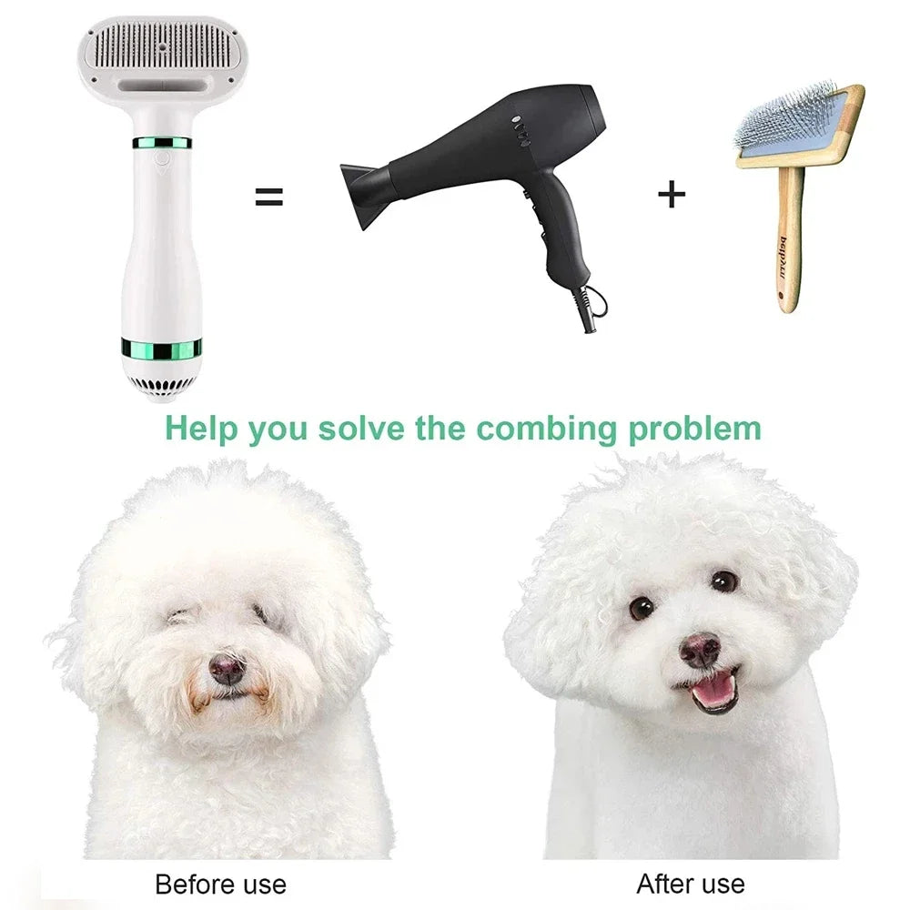 2-in-1 Quiet Pet Dryer and Grooming Brush for Dogs and Cats - Low Noise Temperature Control Hair Blower and Comb Kit