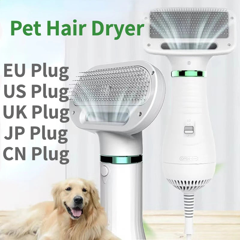 2-in-1 Quiet Pet Dryer and Grooming Brush for Dogs and Cats - Low Noise Temperature Control Hair Blower and Comb Kit