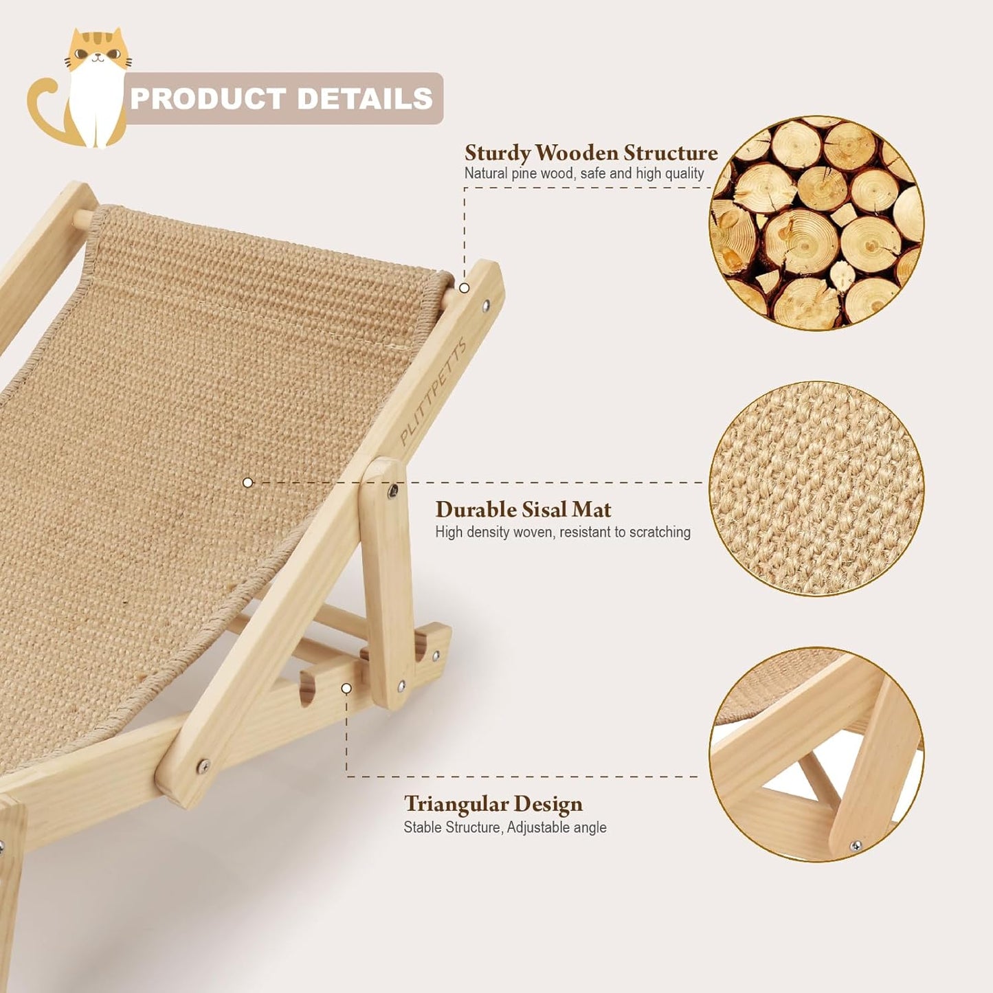 Sisal Cat Scratcher Bed with Adjustable 4-Position Lounge and Hammock, 2-in-1 Natural Lounger Chair for Indoor Cats