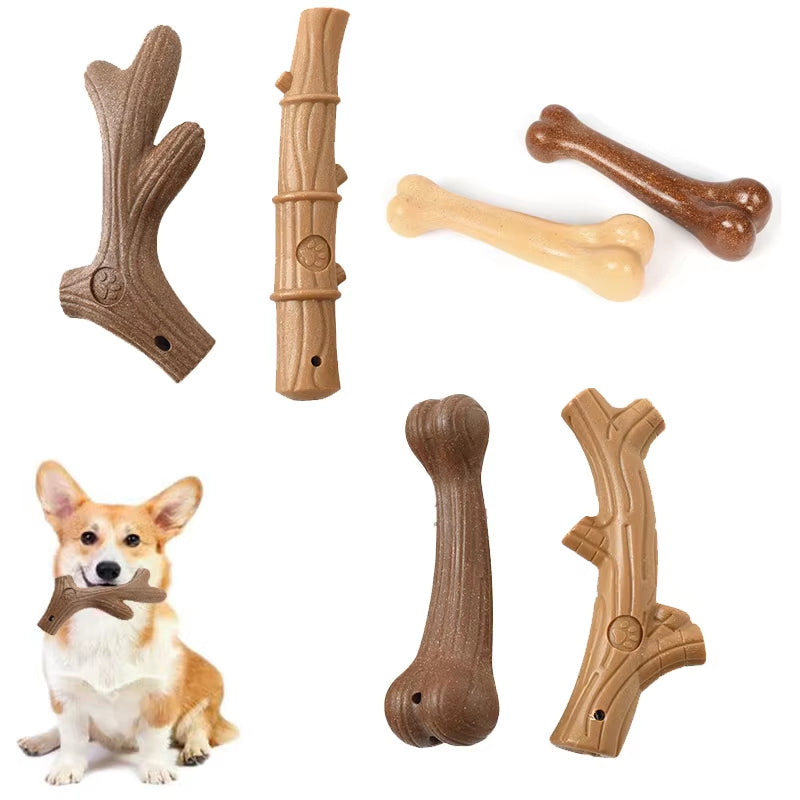 Durable Pine Wood Dog Chew Toy for Dental Care - Interactive Bone-Shaped Puppy Toy