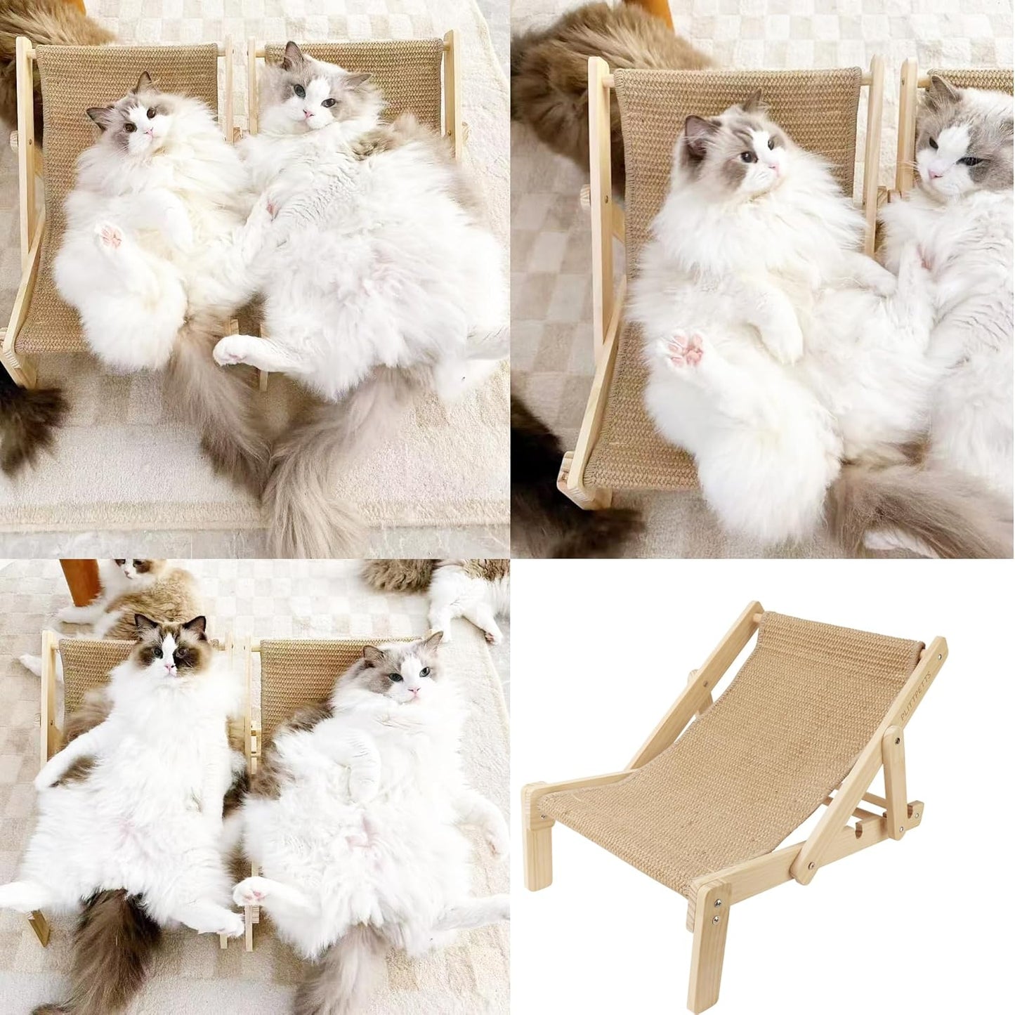 Sisal Cat Scratcher Bed with Adjustable 4-Position Lounge and Hammock, 2-in-1 Natural Lounger Chair for Indoor Cats