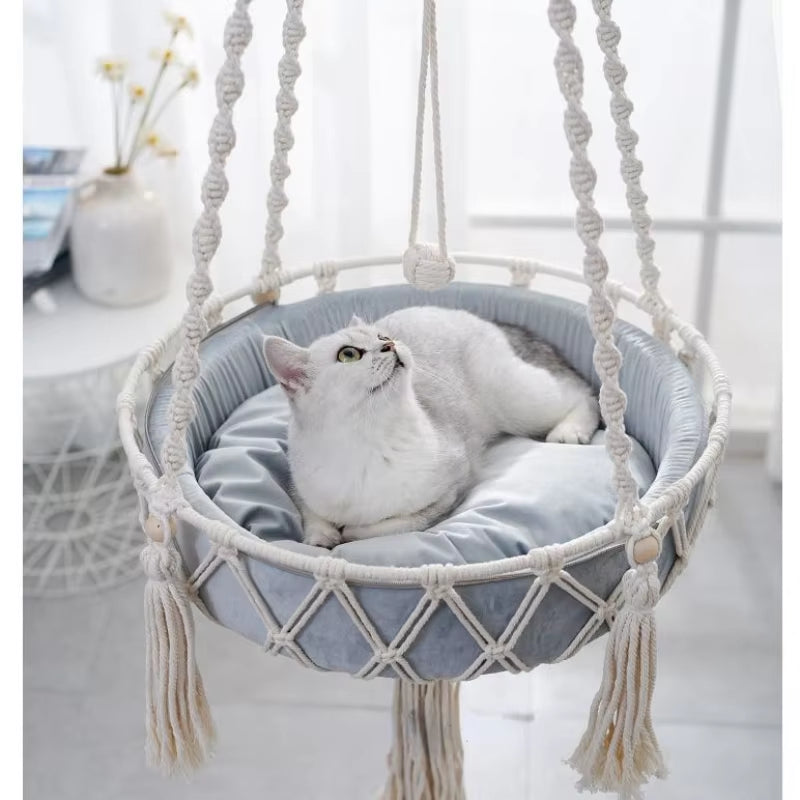 Bohemian Handwoven Macrame Cat Hammock Swing Bed for Home and Bedroom Wall Decoration