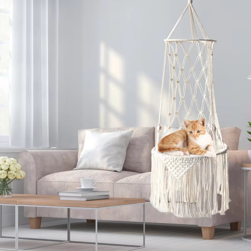 Bohemian Handwoven Macrame Cat Hammock Swing Bed for Home and Bedroom Wall Decoration