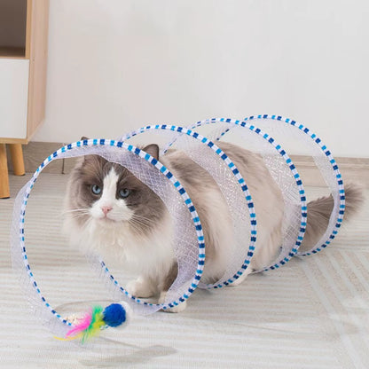 Interactive Foldable Cat Tunnel Toy with Plush and Feather Elements for Hunting and Decompression, 65x30 cm