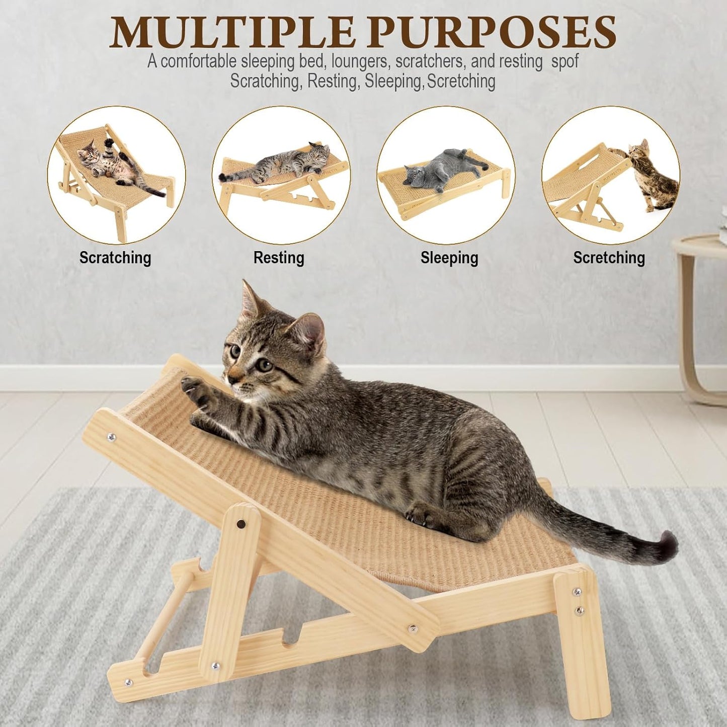 Sisal Cat Scratcher Bed with Adjustable 4-Position Lounge and Hammock, 2-in-1 Natural Lounger Chair for Indoor Cats