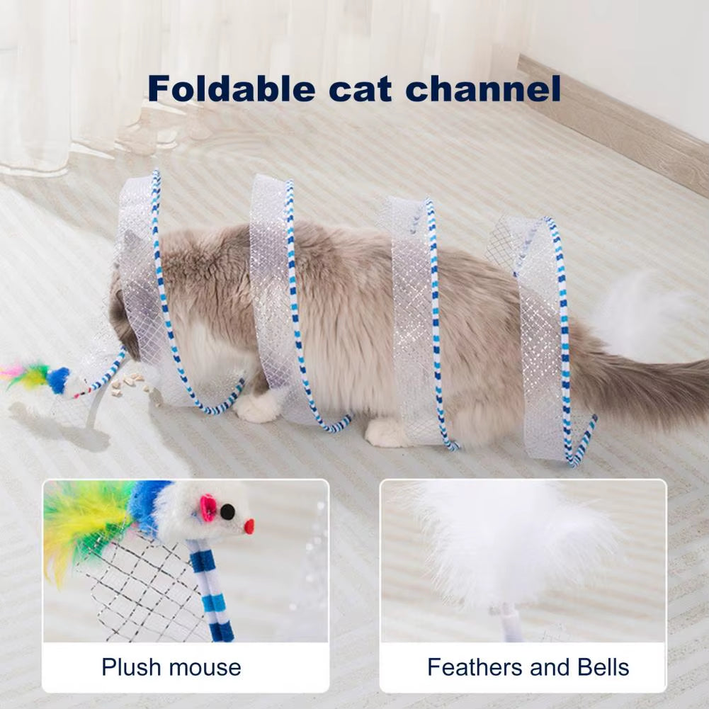 Interactive Foldable Cat Tunnel Toy with Plush and Feather Elements for Hunting and Decompression, 65x30 cm