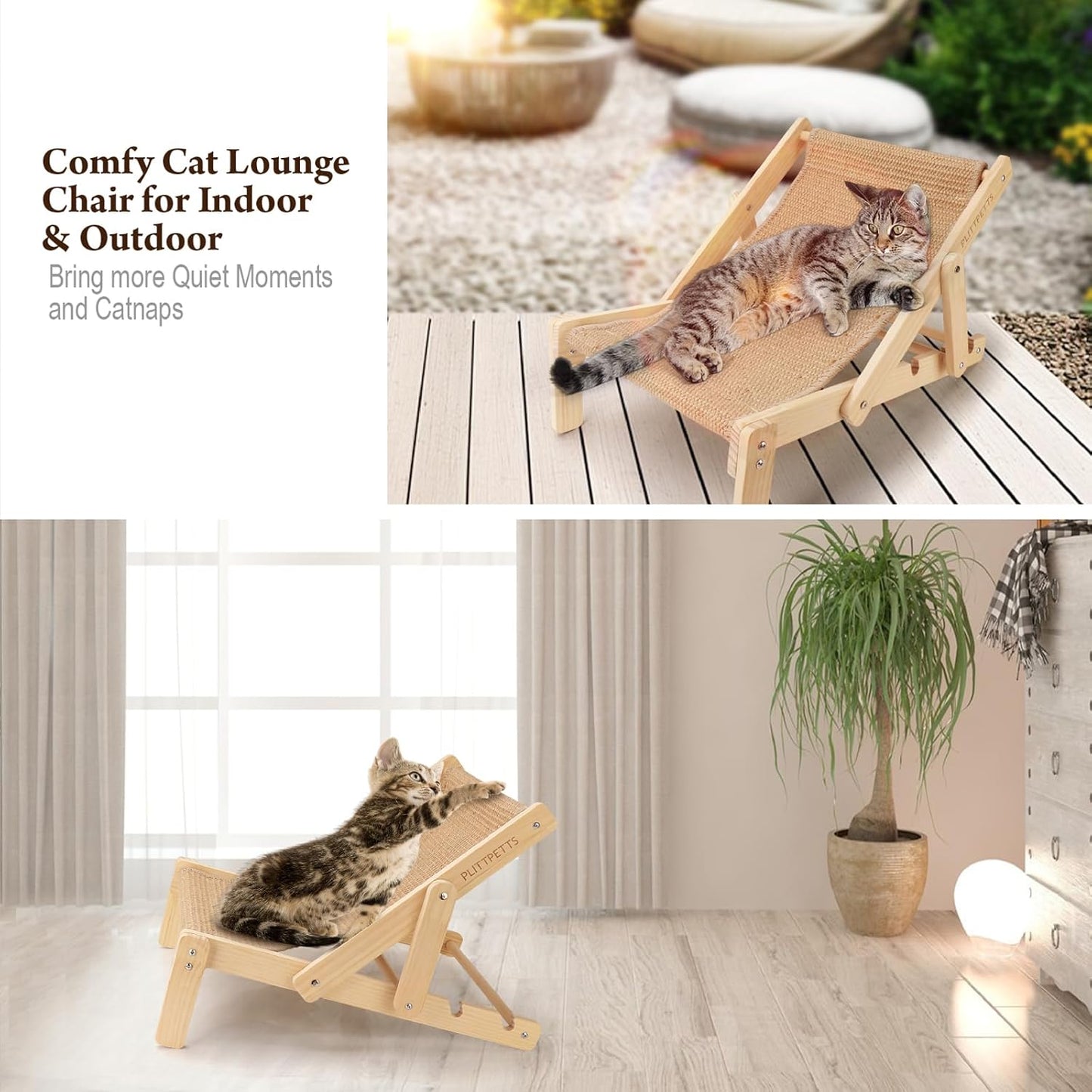 Sisal Cat Scratcher Bed with Adjustable 4-Position Lounge and Hammock, 2-in-1 Natural Lounger Chair for Indoor Cats