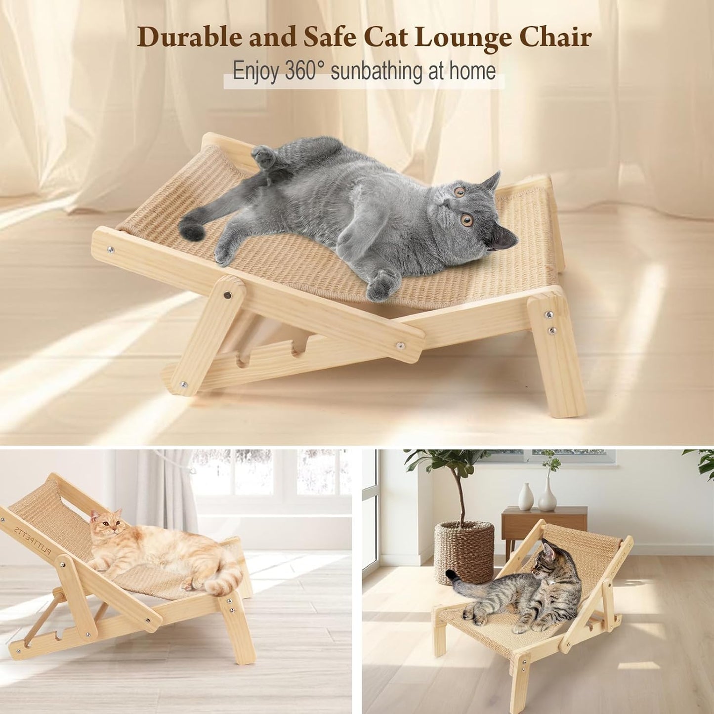 Sisal Cat Scratcher Bed with Adjustable 4-Position Lounge and Hammock, 2-in-1 Natural Lounger Chair for Indoor Cats