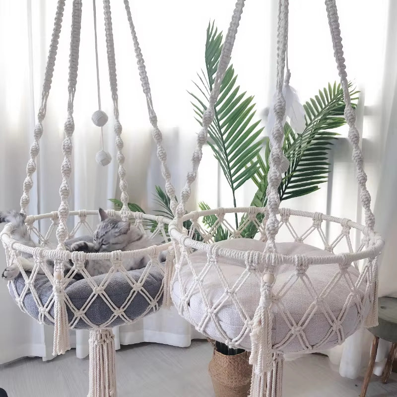 Bohemian Handwoven Macrame Cat Hammock Swing Bed for Home and Bedroom Wall Decoration