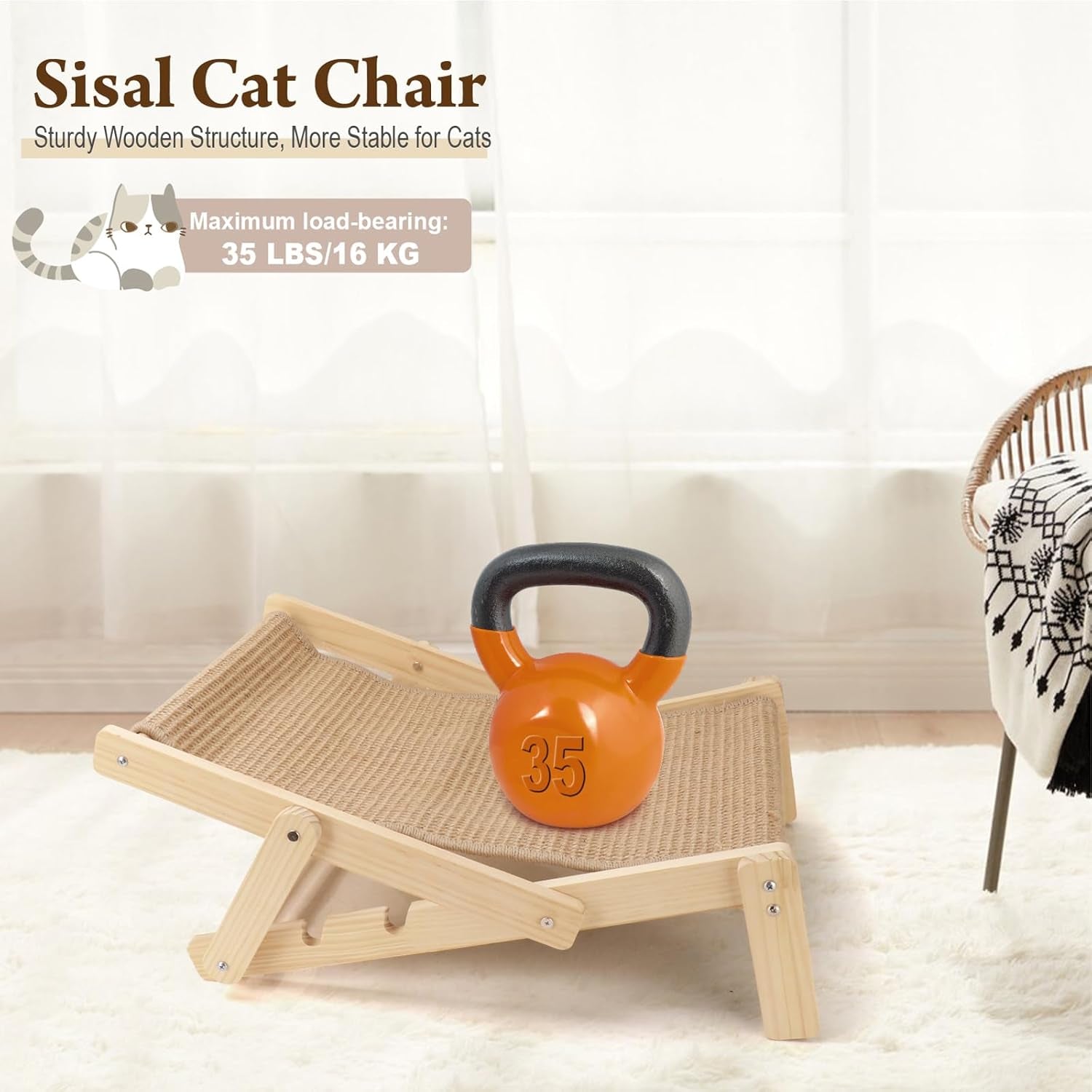 Sisal Cat Scratcher Bed with Adjustable 4-Position Lounge and Hammock, 2-in-1 Natural Lounger Chair for Indoor Cats