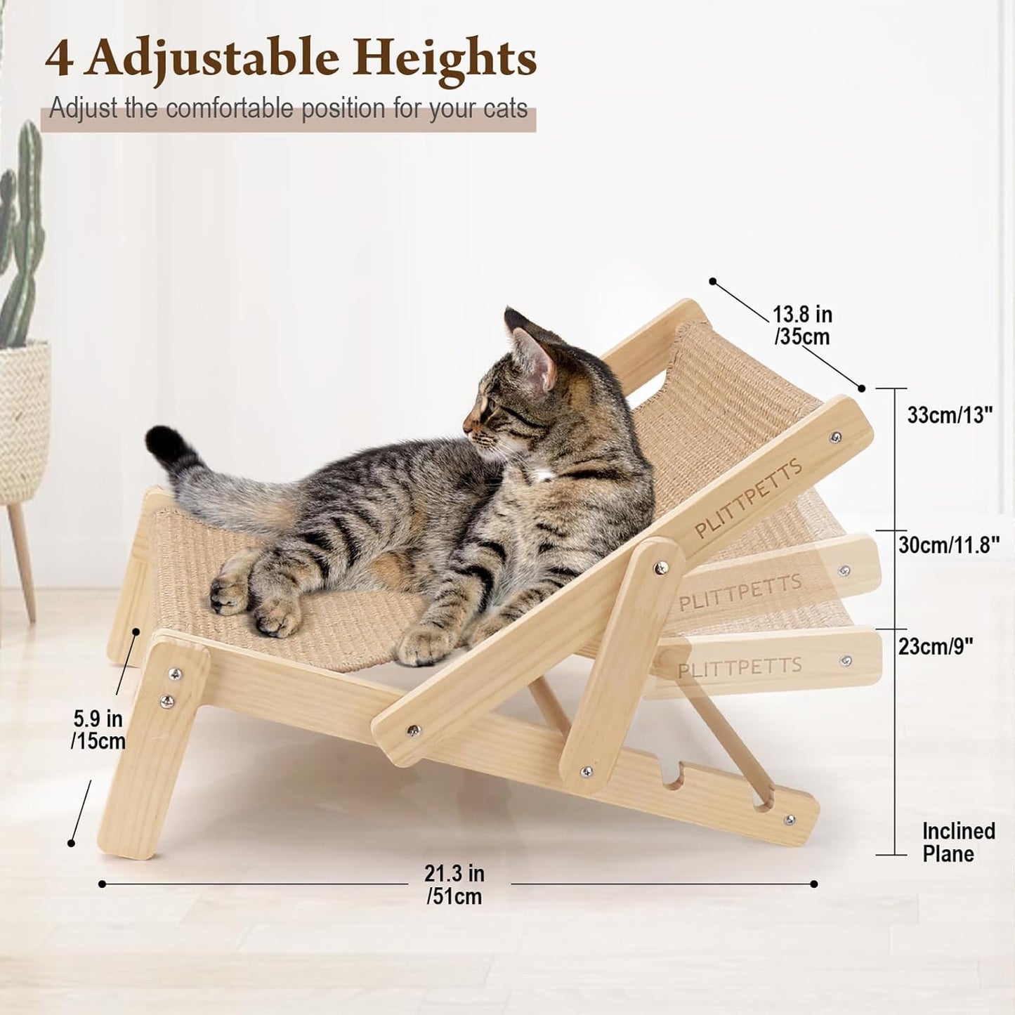 Sisal Cat Scratcher Bed with Adjustable 4-Position Lounge and Hammock, 2-in-1 Natural Lounger Chair for Indoor Cats
