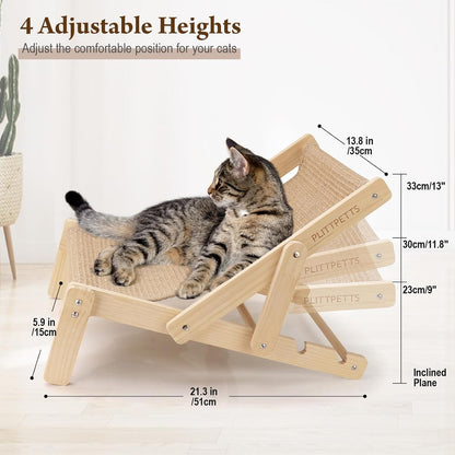 Sisal Cat Scratcher Bed with Adjustable 4-Position Lounge and Hammock, 2-in-1 Natural Lounger Chair for Indoor Cats